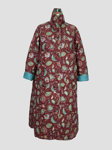 Maroon Floral Fabric | Front of Garment | Coaroon Cocoon Coat