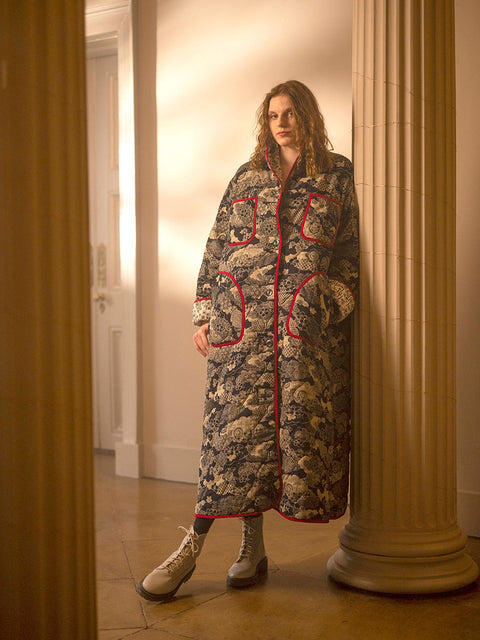 Japanese Patchwork Fabric | Coaroon Cocoon Coat | Model at Boath House