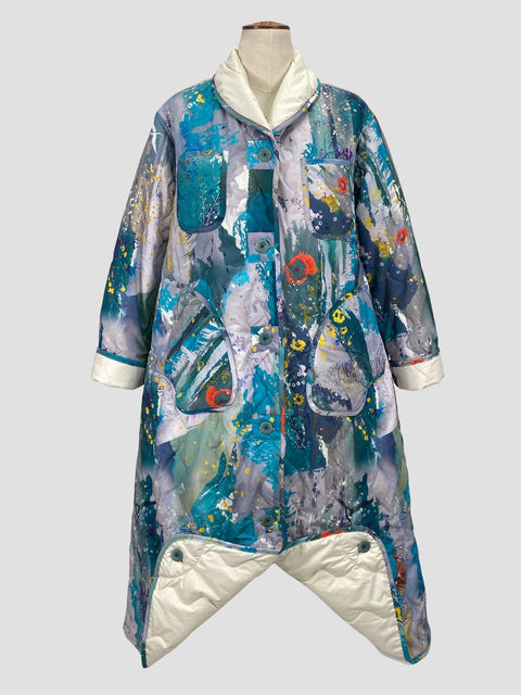 Mhairi Helena - Tern of the Tides Print | Luxury Cocoon Coat | Front of Garment with Button Detailing