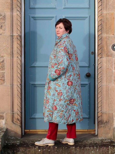 Turquoise Dutch Floral | Coaroon Cocoon Coat | Worn by Joan Johnston